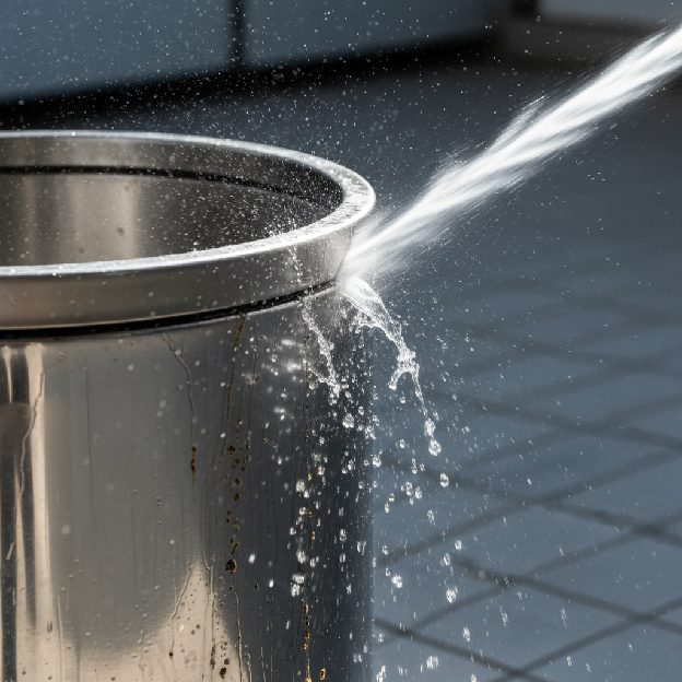 High-pressure wash of a stainless steel garbage bin